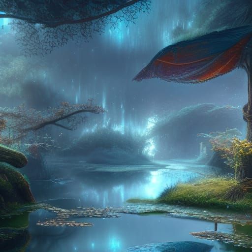 Fantastical Pond in Deep Color, Detailed Matte Painting