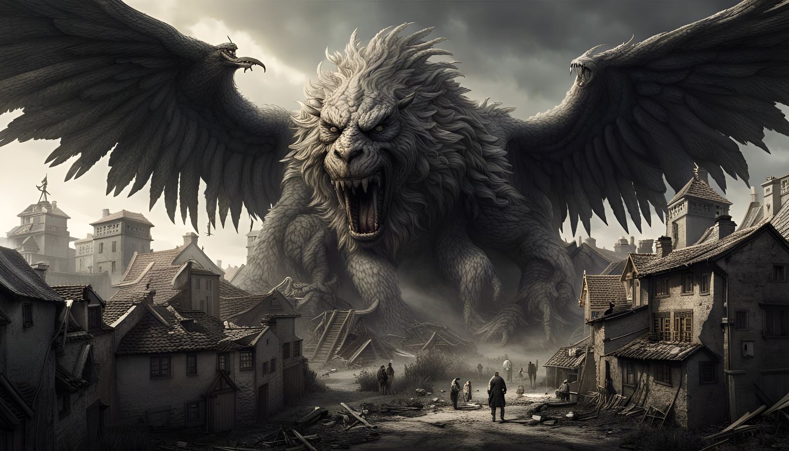 Giant Monster Towers Over Village in Dark Fantasy Style