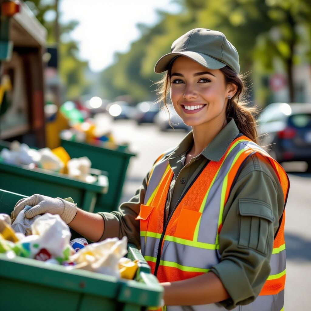 Female Garbage Collector on a Sunny Day: Professional Photog...