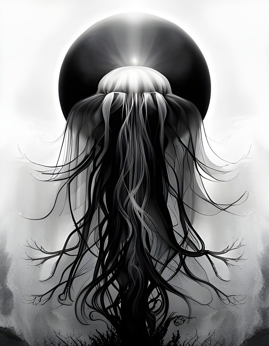 Divine Jellyfish in Smokey Darkness: Digital Illustration