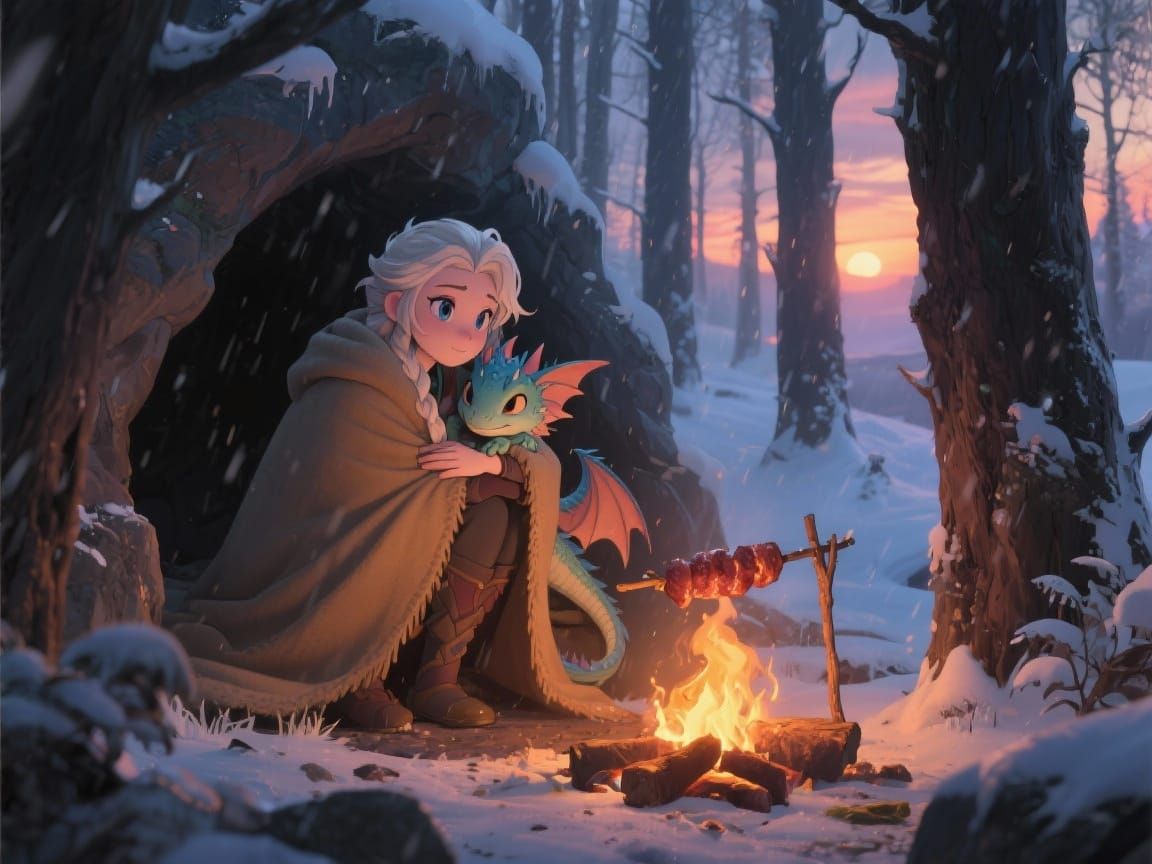 Girl and Dragon Escape Snow Storm in Cozy Cave