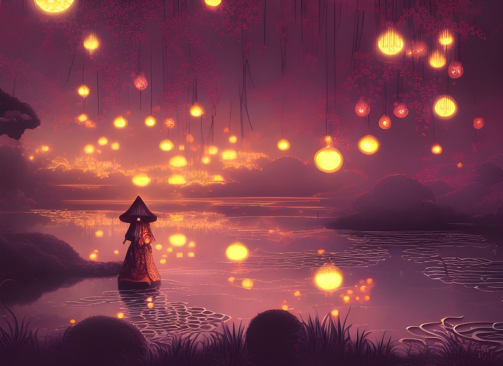 Japanese Sorceress in Dreamy Village Digital Illustration