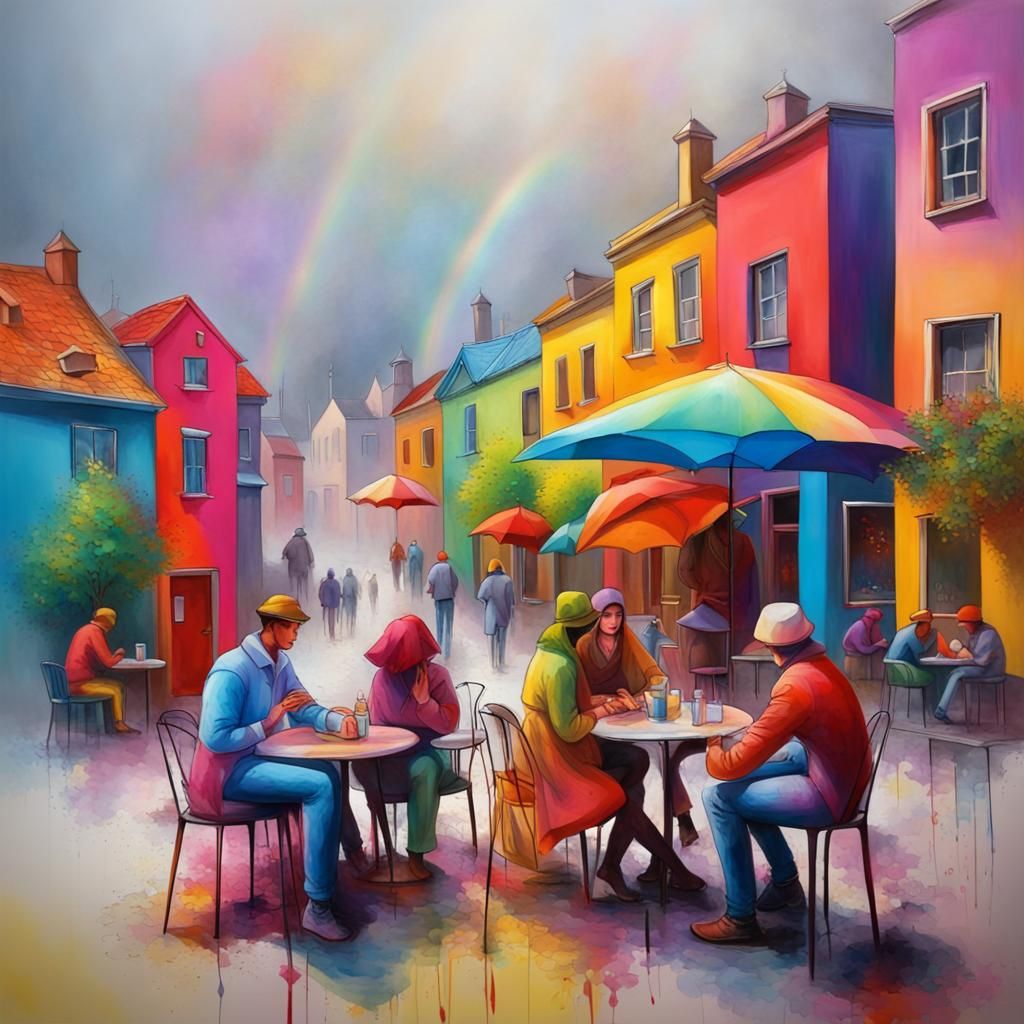 8hd,3d, artistic modern art,colorfull, with people sitting on a cafe, misted 
 rainbowcolered,houses in the background