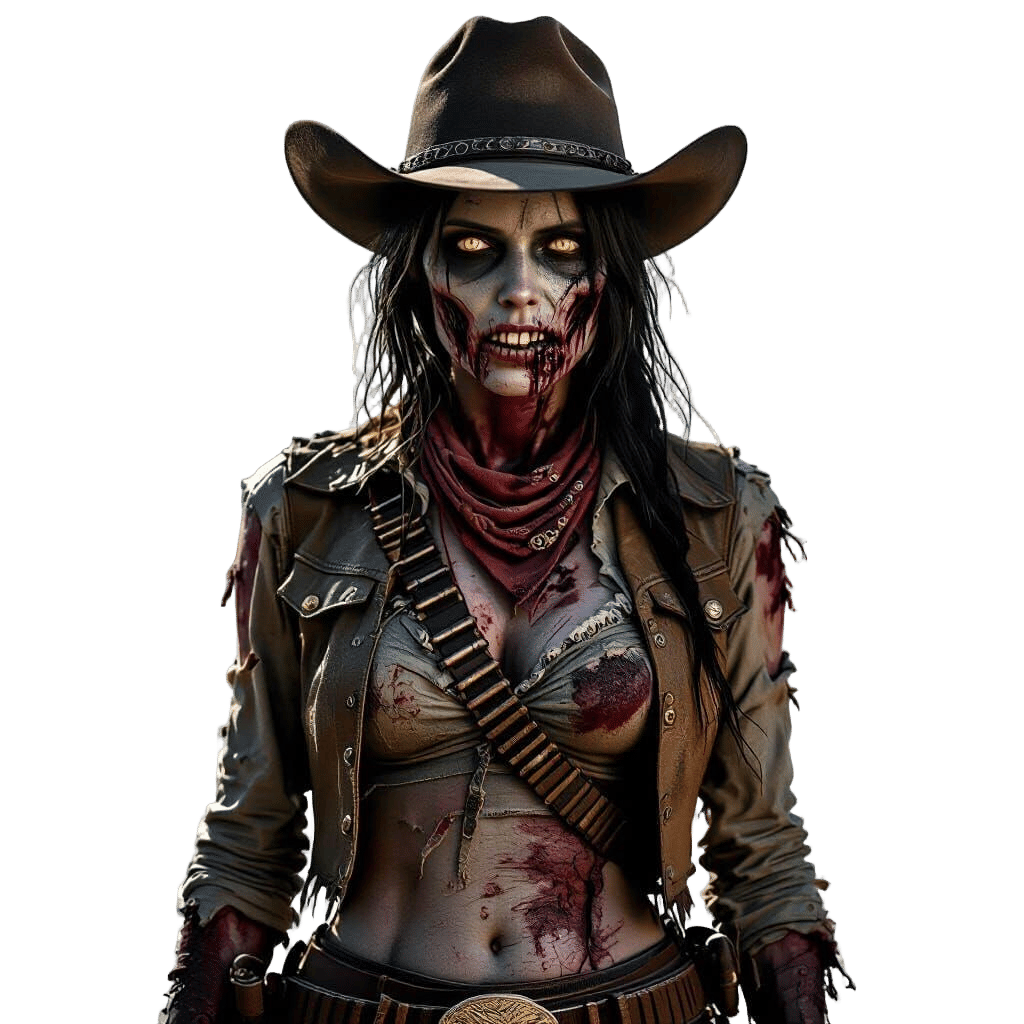 Realistic Zombie Cowgirl on Transparent Background