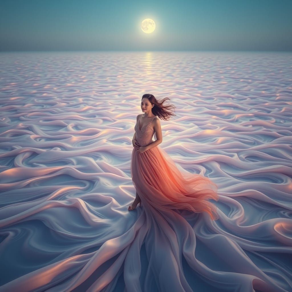 Surreal Woman Stands on Shimmering Silk Sea