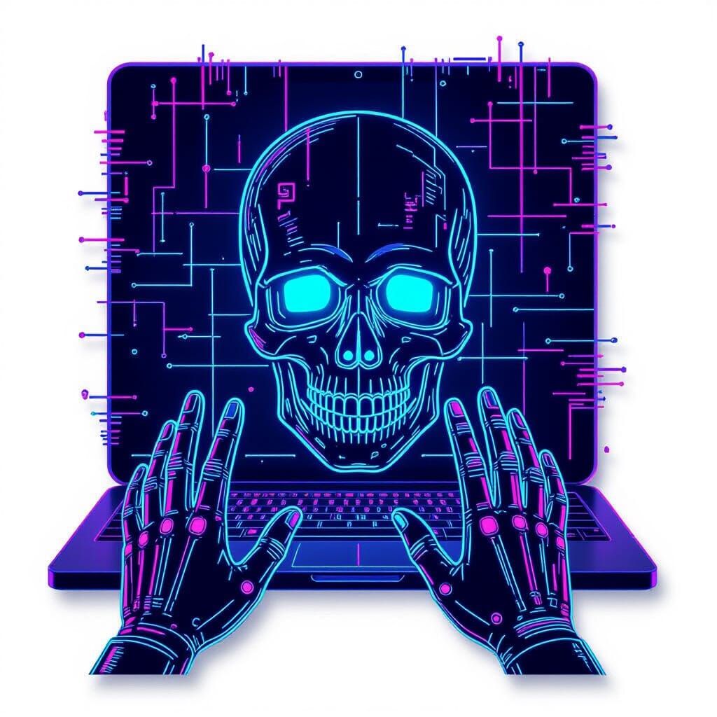 Glitched Cyberpunk Skull Sticker with Neon and Holographic E...