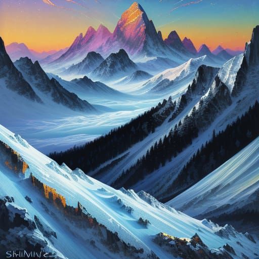 Icy Mountains in Rococo Sci-Fi Impasto Style
