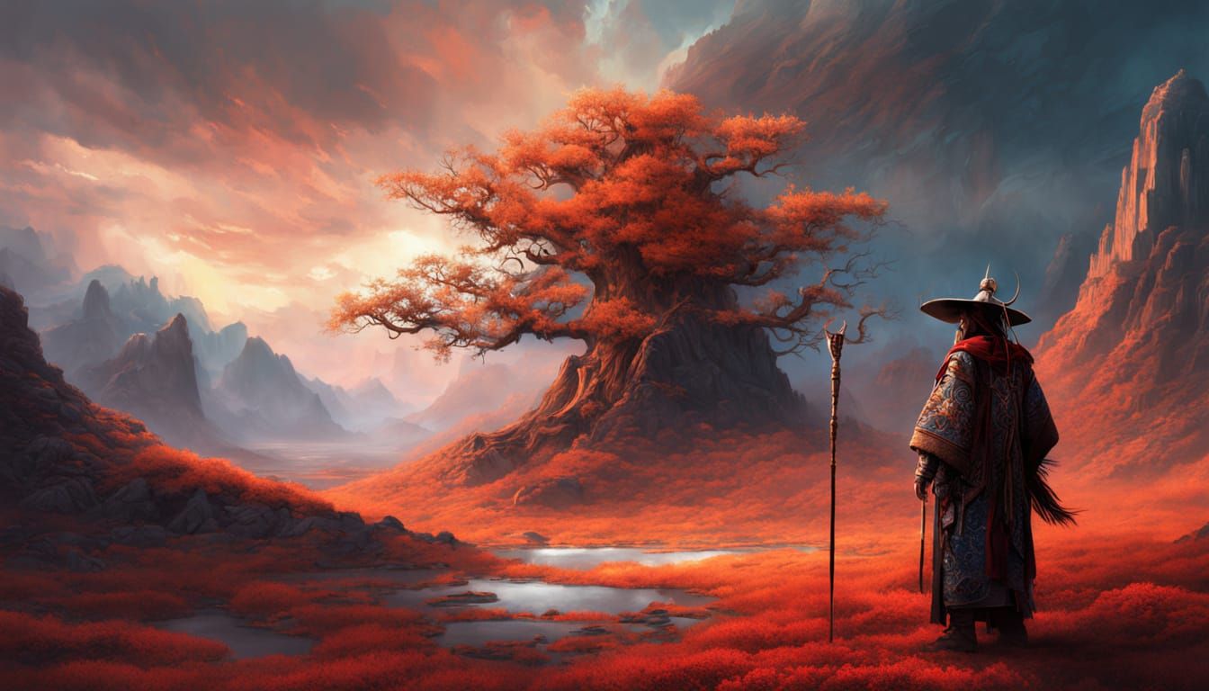 Mongolian Shaman and Bioluminescent Tree in Digital Art