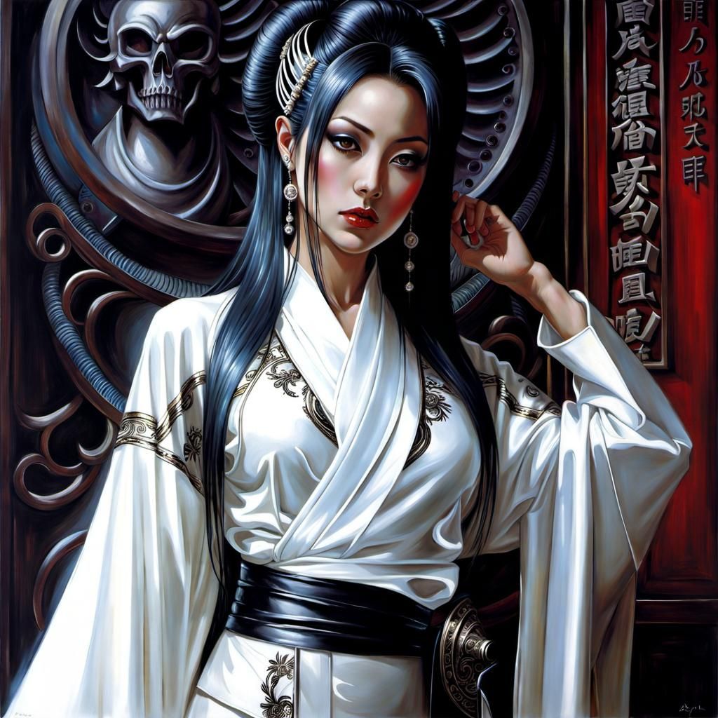 Gothic Portrait of Japanese Woman in Latex Kimono