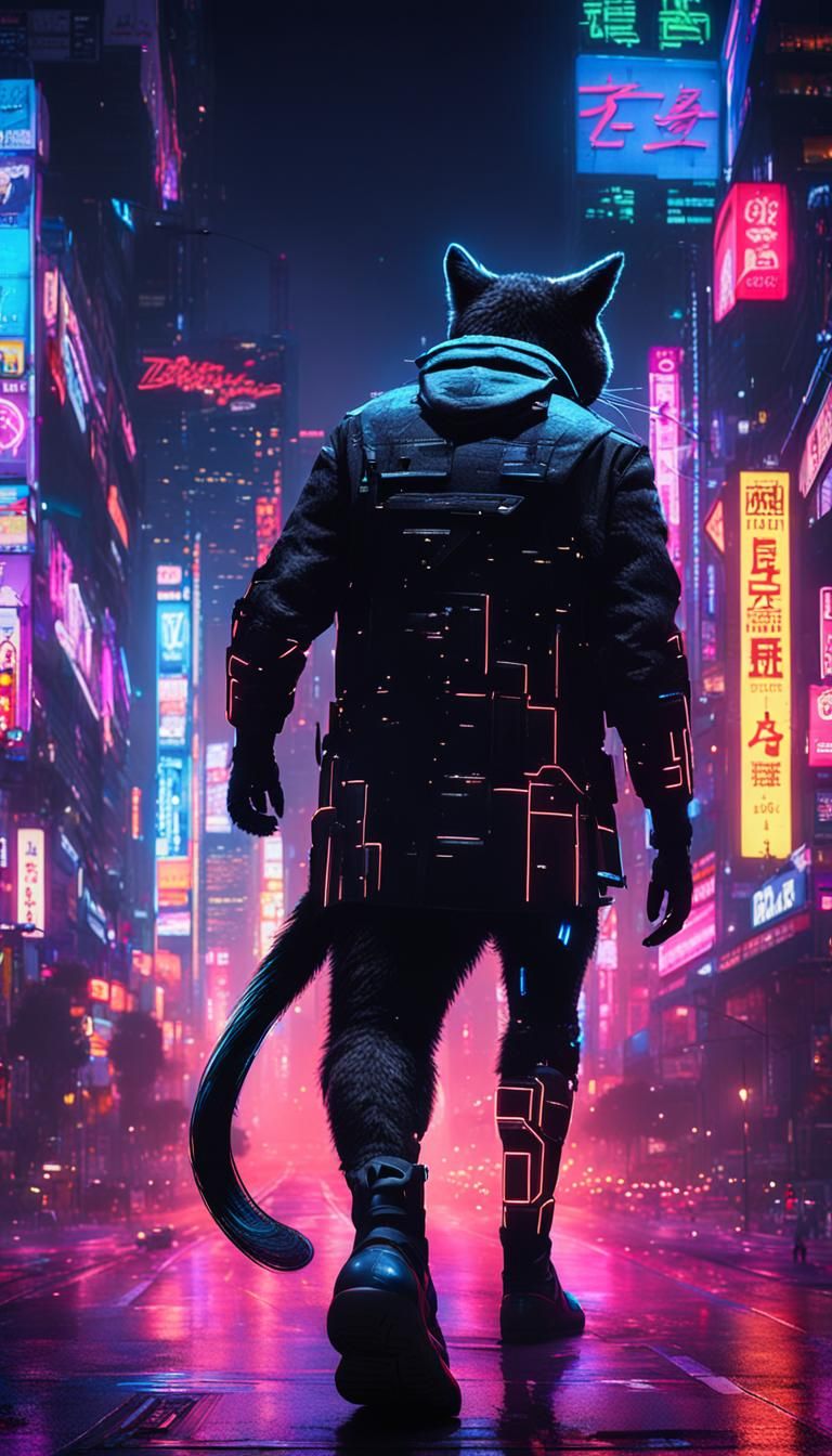 Giant black walking through a Tokyo logo City at night, neon, 3d cyberpunk 2099 blade runner 2049 neon, realistic cat