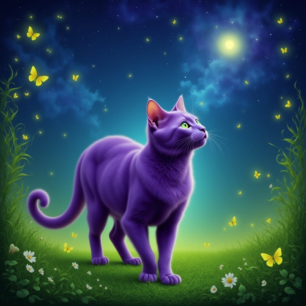Purple Cat in Fantasy Art Nouveau Landscape