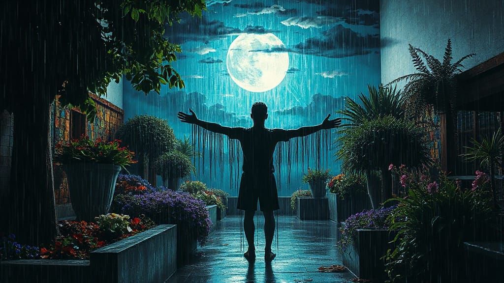 Lone Figure in Surreal Cloud Garden Under Glitch Moonlight