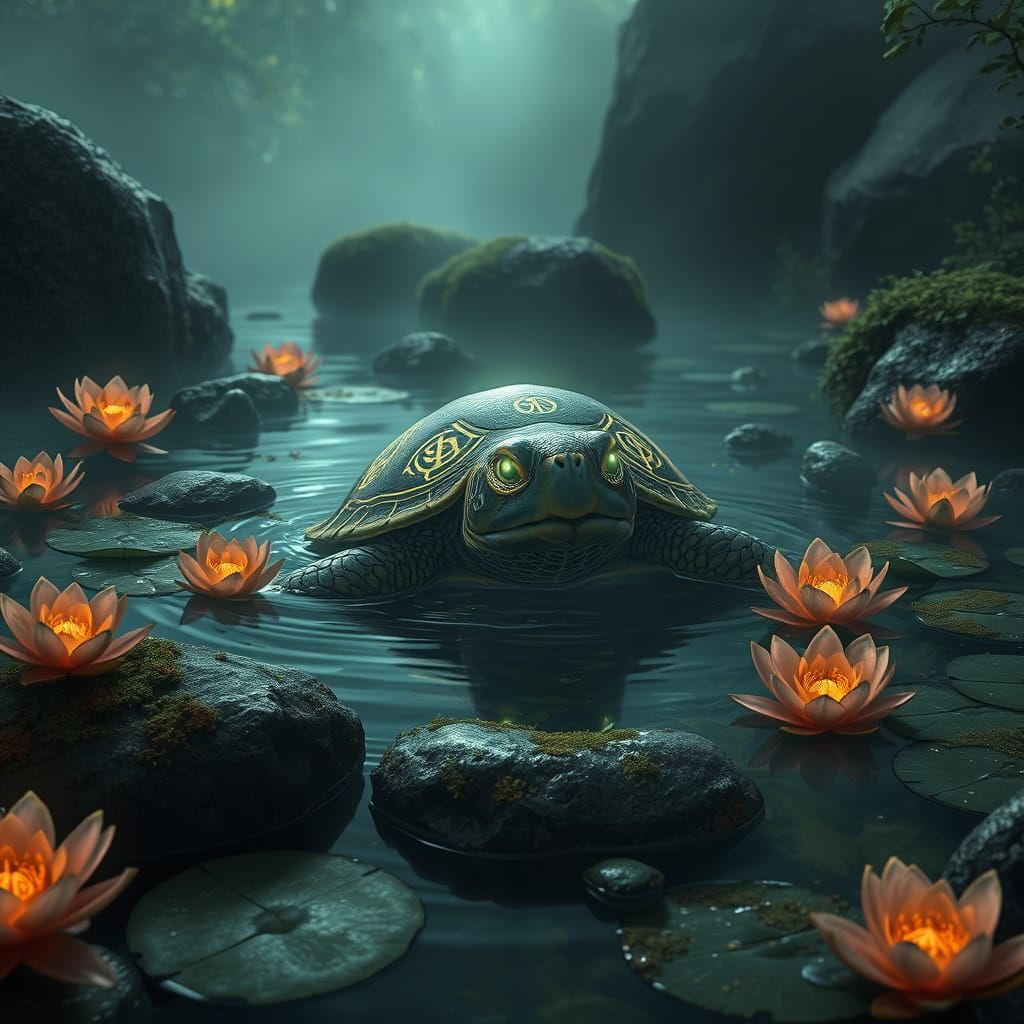 Glowing Spirit Turtle Emerges in Fantasy Landscape