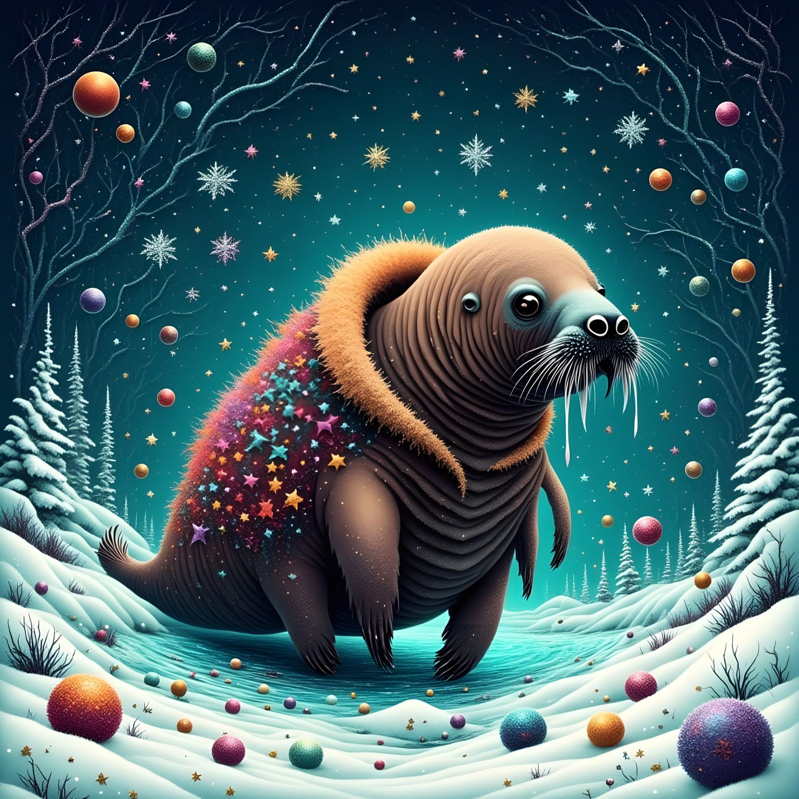 Whimsical Glitter Walrus in Winter Whirlpool