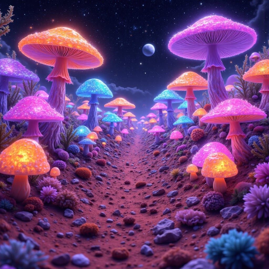 Bioluminescent Mushroom Farm on Mars in Candyland Style