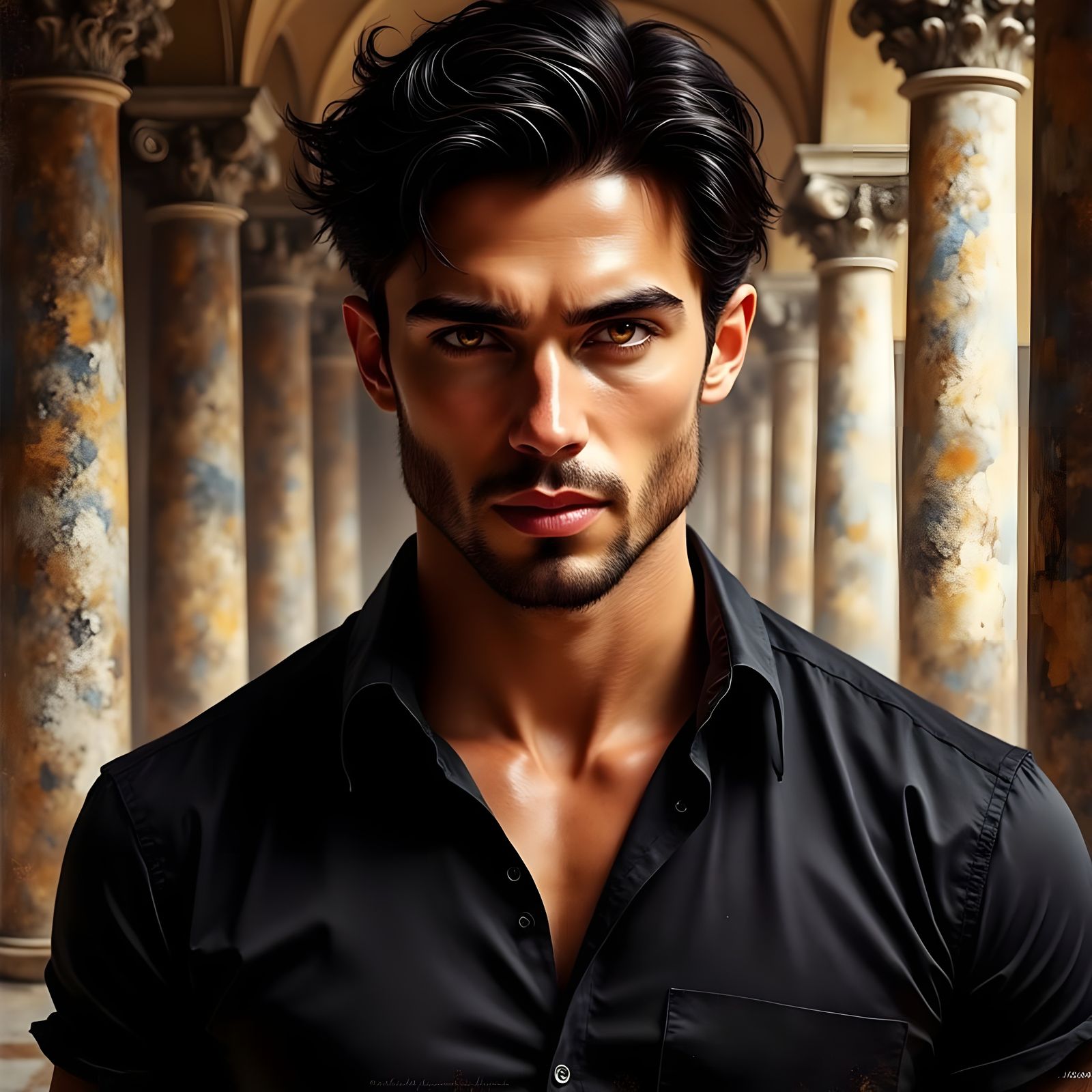 Mysterious Man with Yellow Eyes in Classical Setting