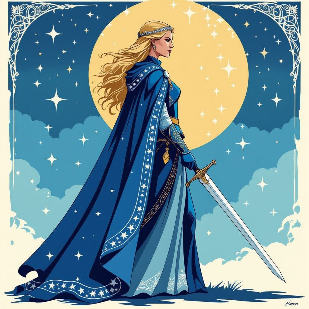Lady Éowyn in Starry Blue Mantle, Bauhaus Geometric Style