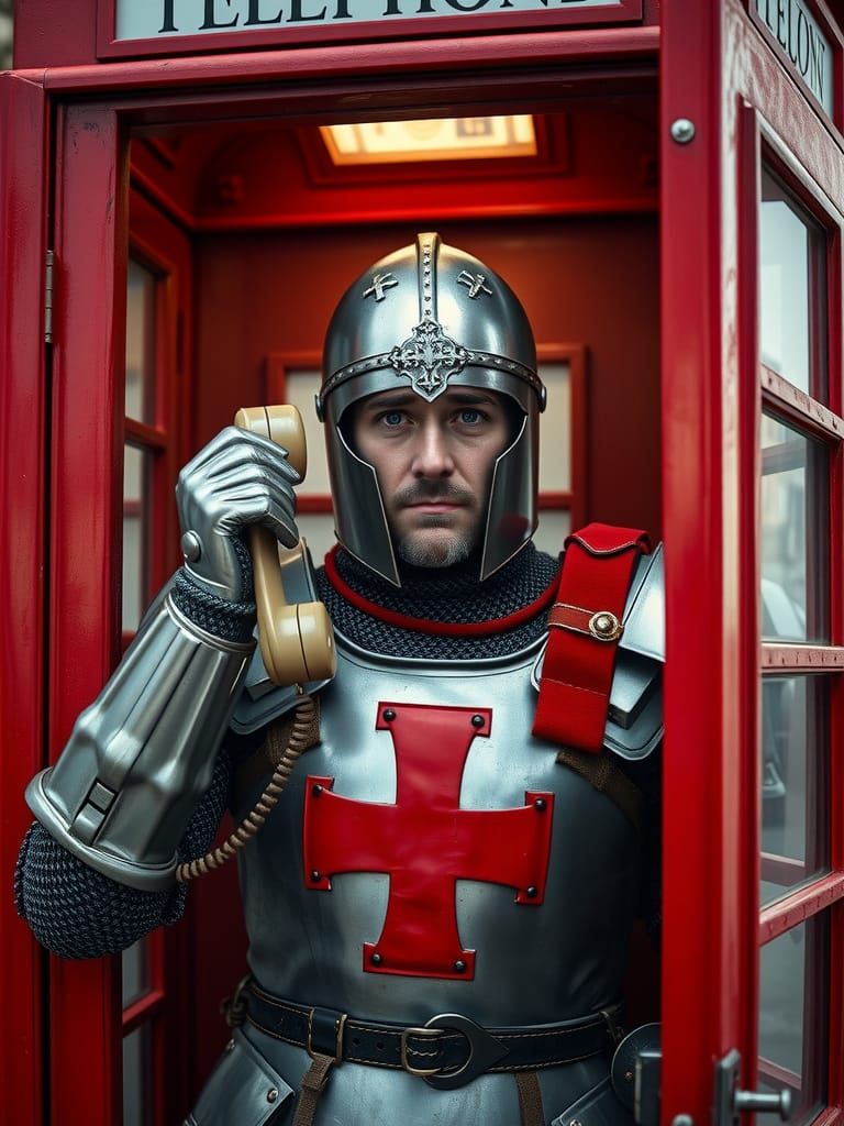 Crusader Knight in Telephone Booth, Photorealistic Style