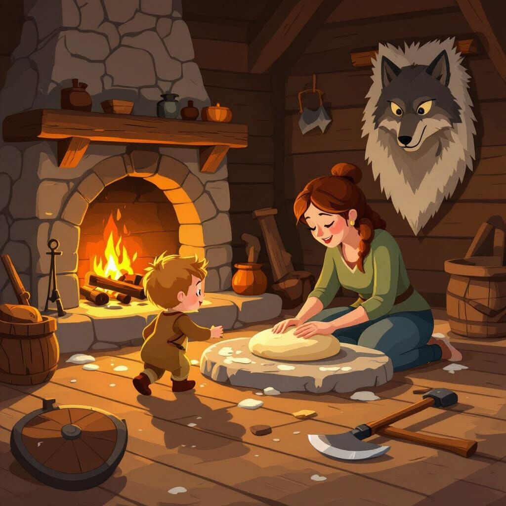 Toddler Plays in Hearthlit Viking Home with Father's Axe