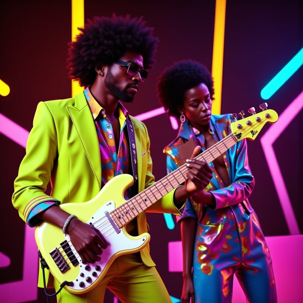 Synthwave Bassist in Iconic 80s Attire with Vibrant Backing ...