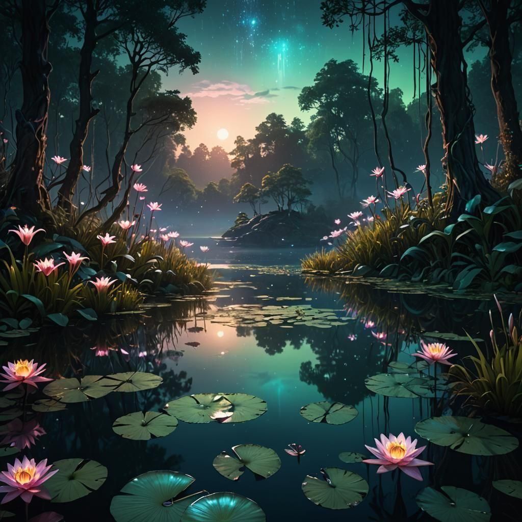 Bioluminescent Lake at Night in Fantasy Style