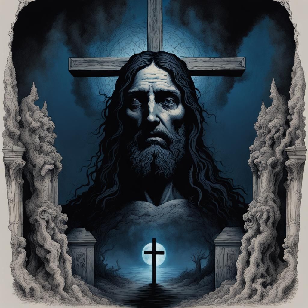 Rotting Jesus in Hell Landscape, Creepy Illustration