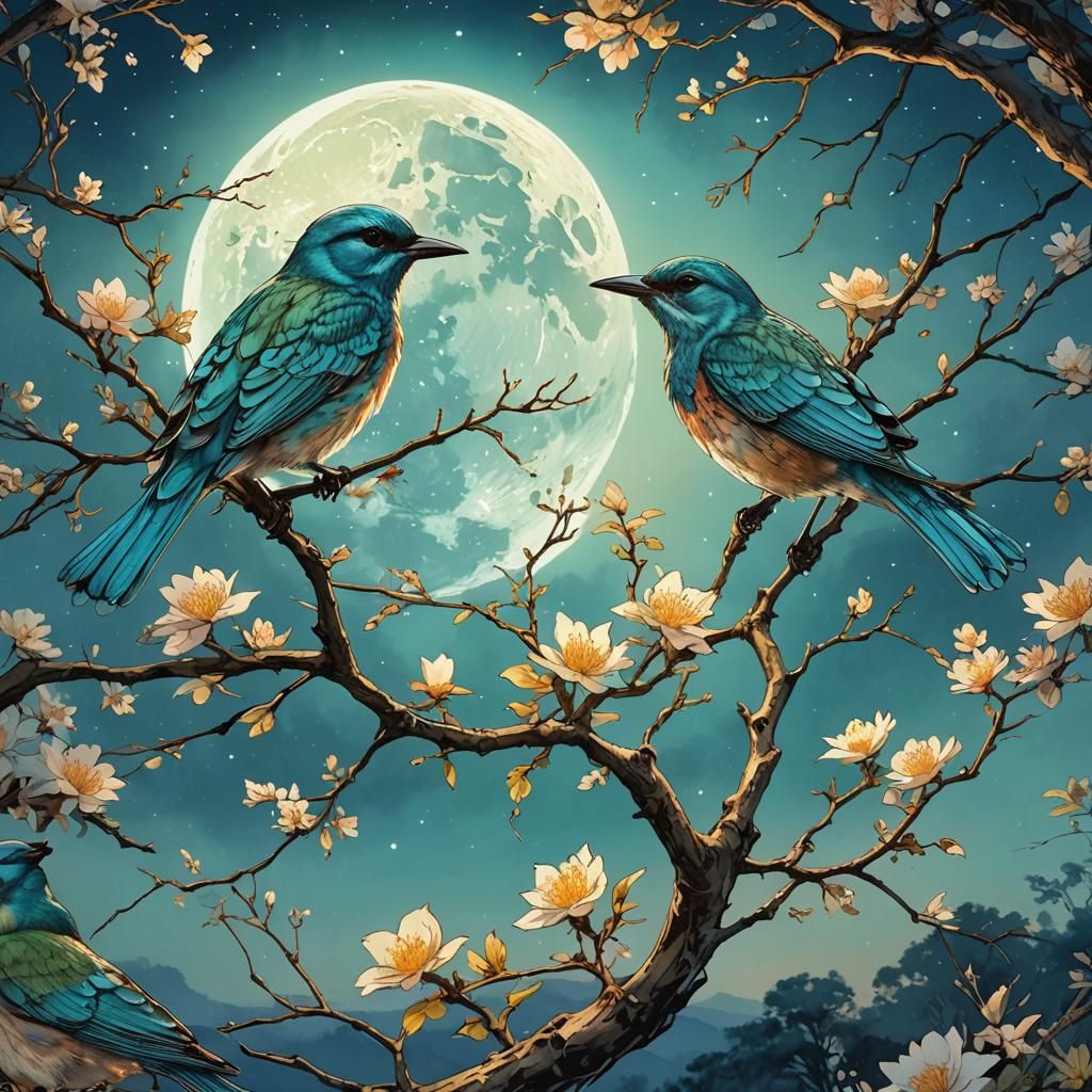 Turquoise Bird Under Moon, Watercolor Concept Art