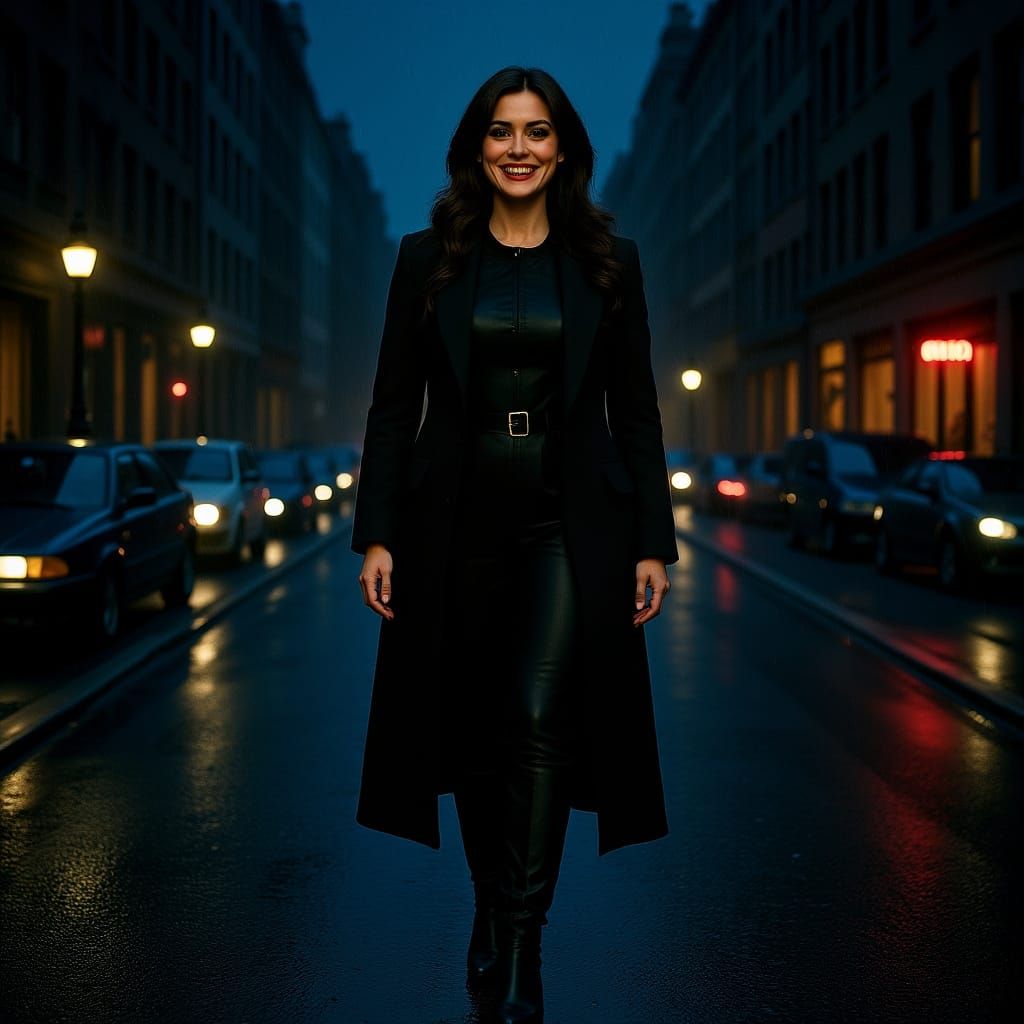 Elegant Woman Walking on Rainy City Street
