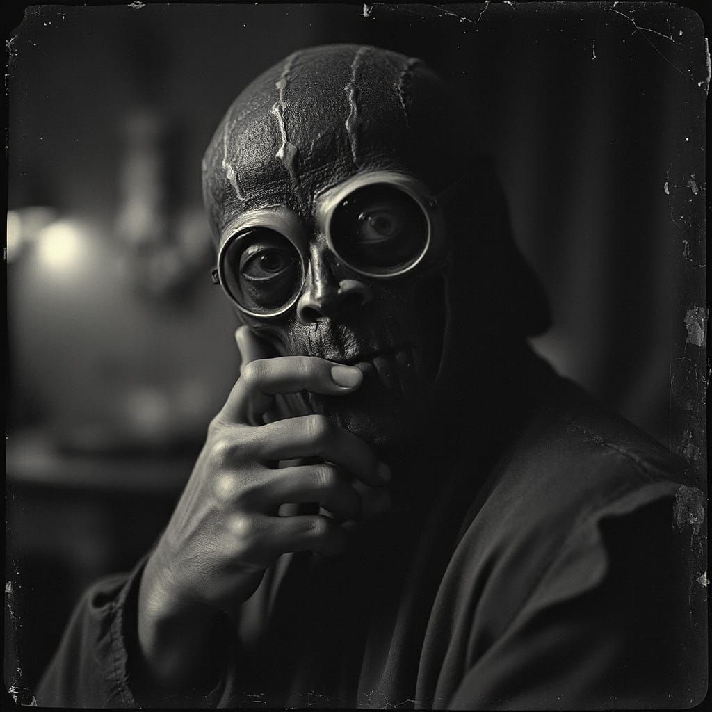 Eerie Cyborg Yeti Embrace in Grungy Photogravure