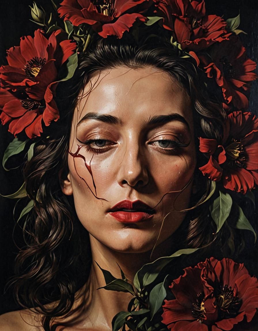 Surreal Woman Portrait with Dark Flowers in Oil Painting Sty...