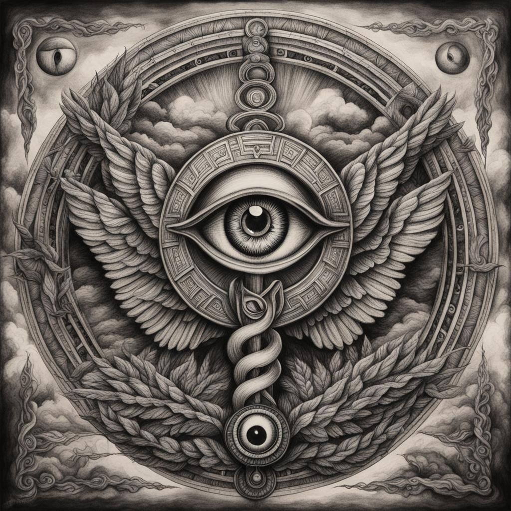 Detailed Charcoal Drawing: Caduceus with All-Seeing Eye