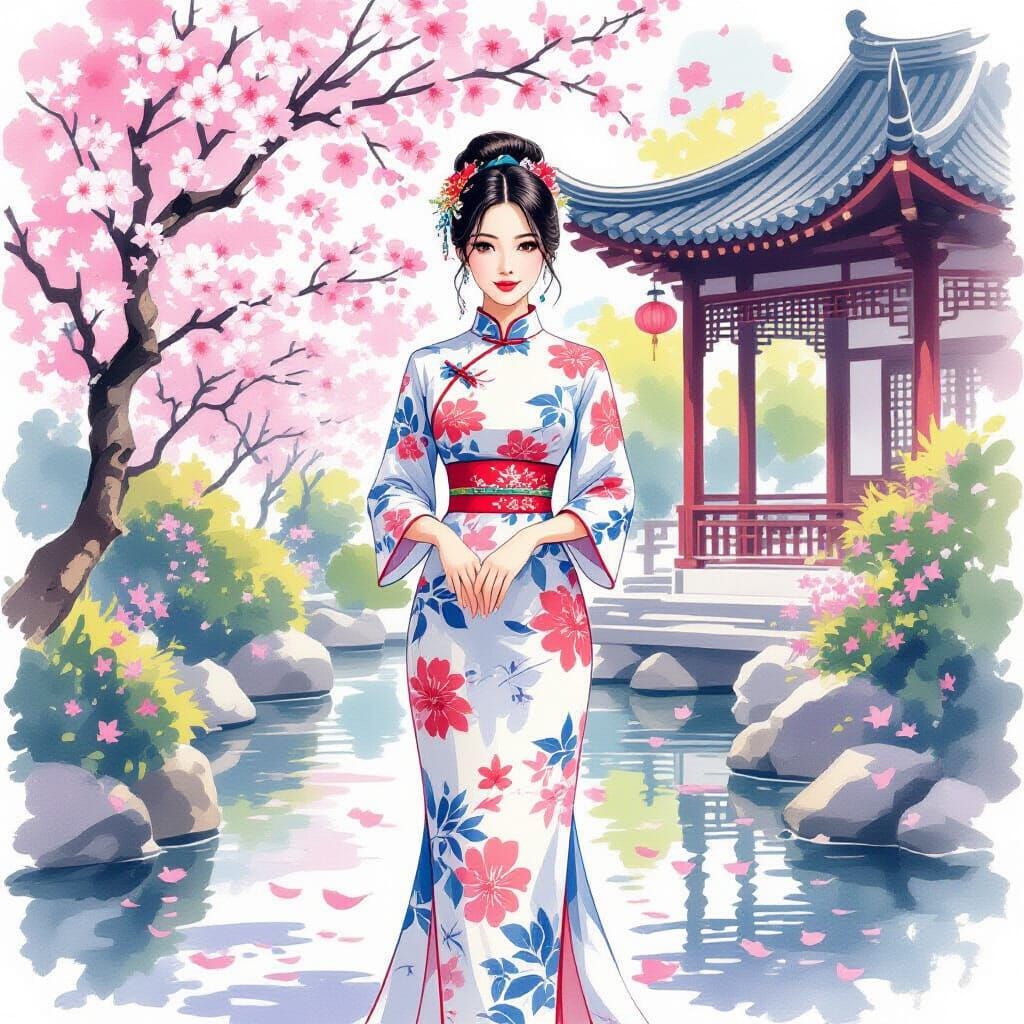 Chinese Woman in Shanghai Garden, Watercolor Style