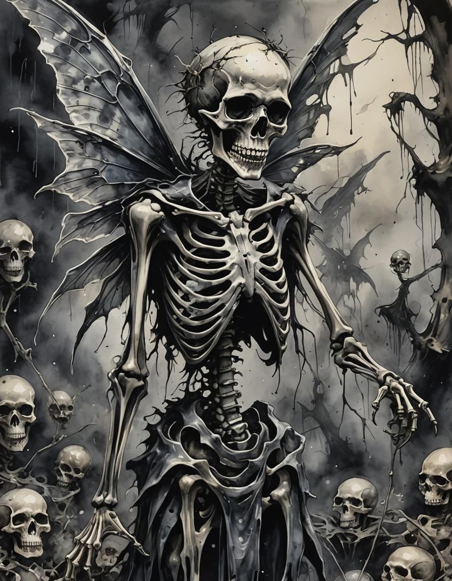 Evil Skeletal Fairy in Gouache and Watercolor Style