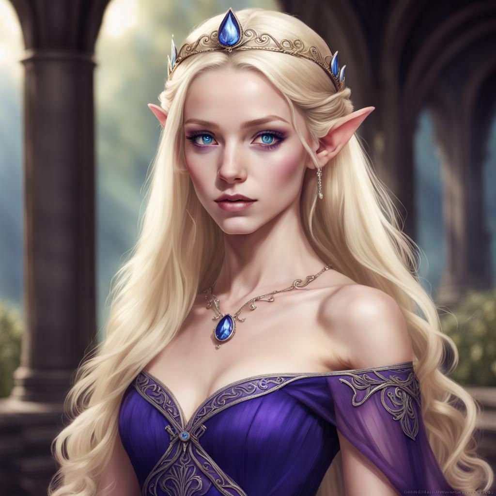 Blonde Elf Portrait in Purple Dress