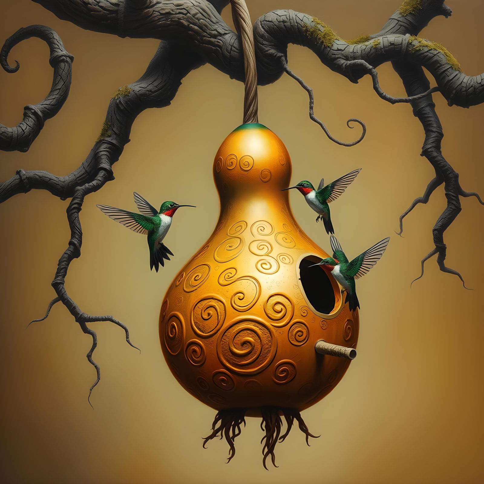 Birdhouse Gourd with Hummingbirds, Surreal Oil Painting