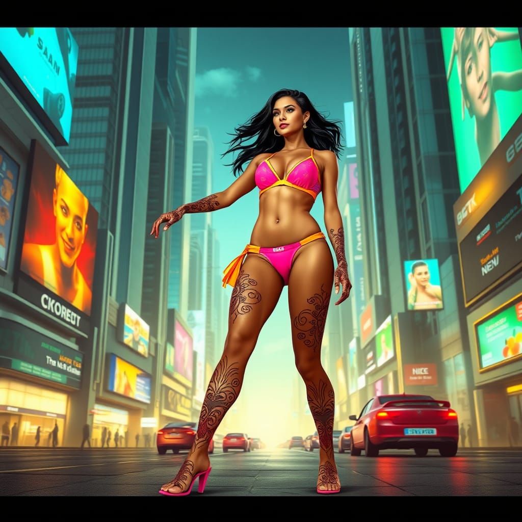 Futuristic Indian Woman in Neon Sky Town