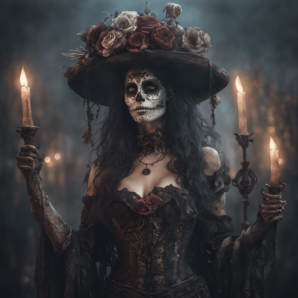 Day of the Dead, 1800's woman holding candles.