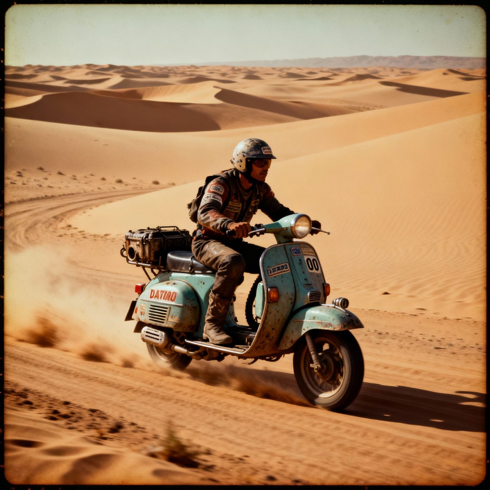 Modified 70s Vespa Races Desert Dunes in Cinematic Style