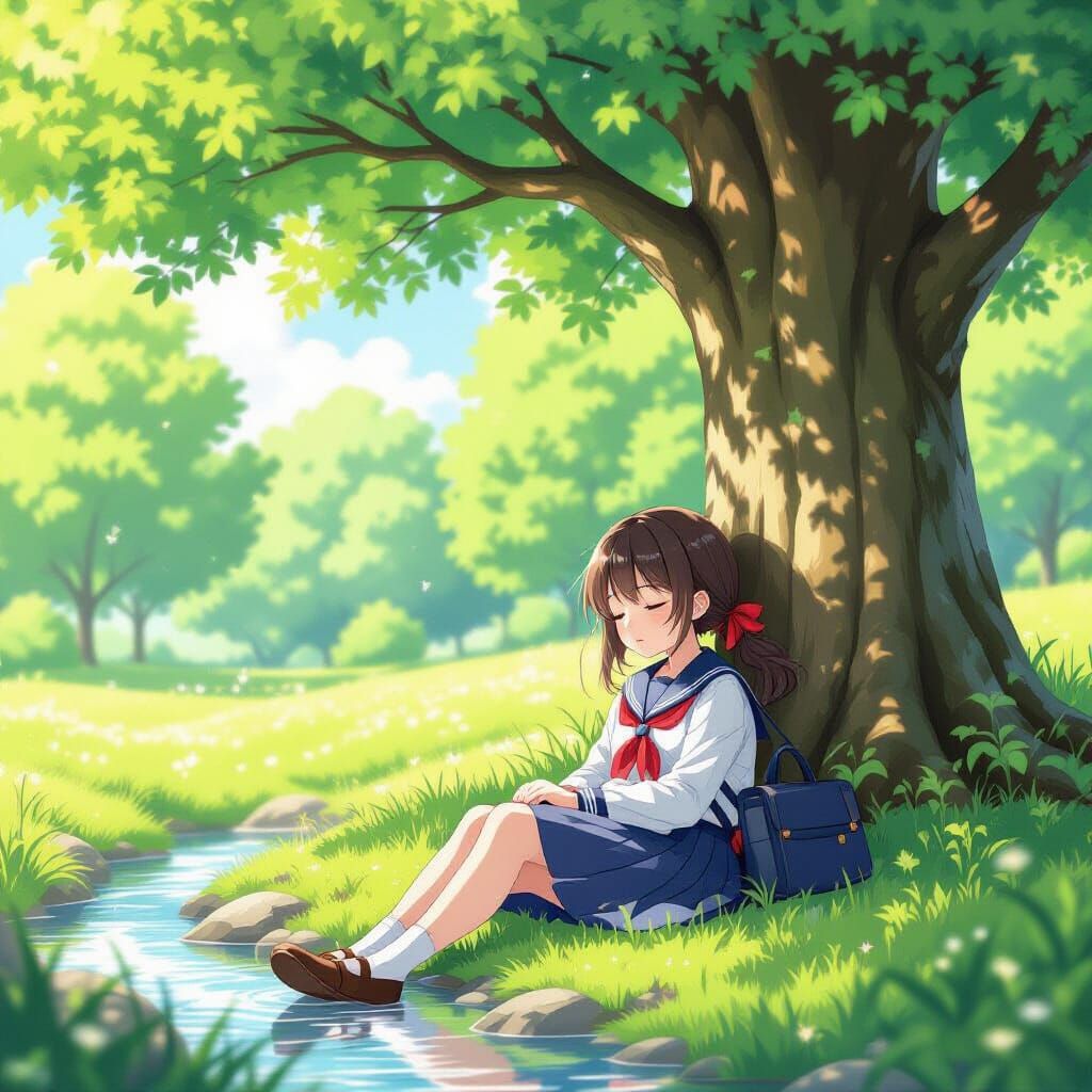 Peaceful Anime Schoolgirl Sleeps Under Tree