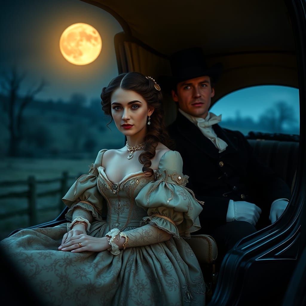 Elegant Lady and Gentleman in Moonlit Carriage Ride