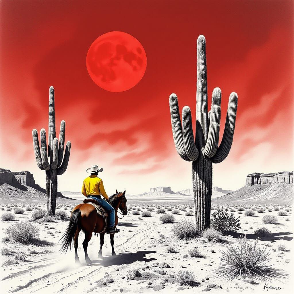 Surreal Cowboy Rides Horse Through Red Desert Sky