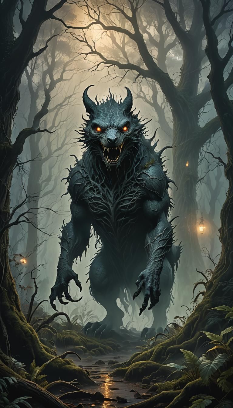 Ethereal Chupacabra Emerges in Misty, Gothic Landscape