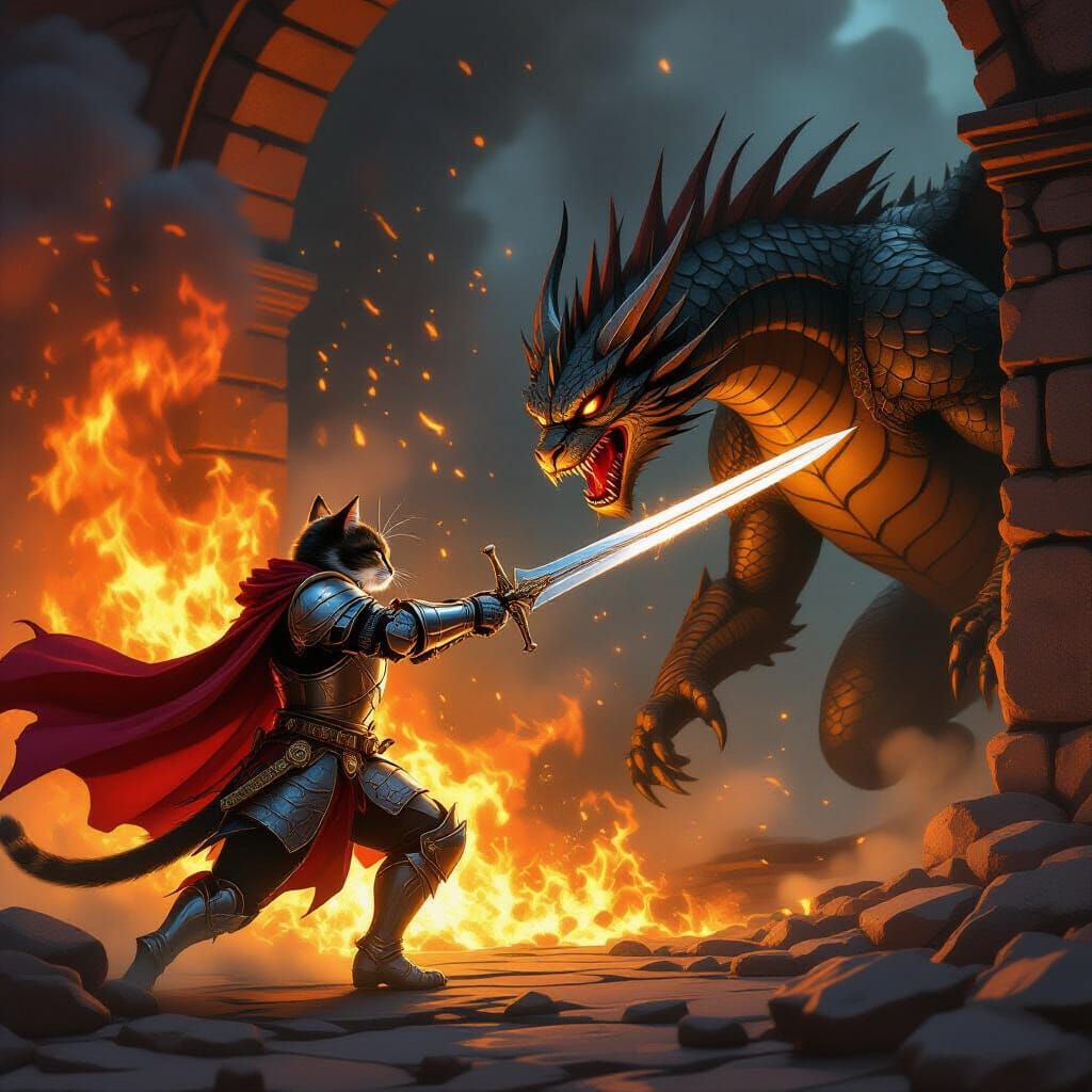 Cat Knight Slaying Dragon in Fiery Battle