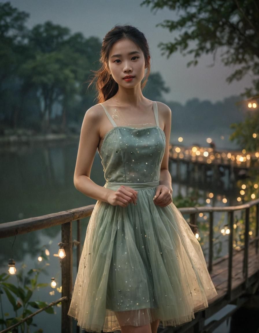 Enchanting Vietnamese Woman in Ethereal Moonlit Scene