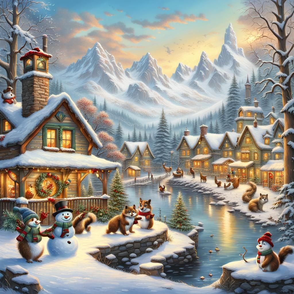 Festive Snowman Scene in Painterly Cartoon Style