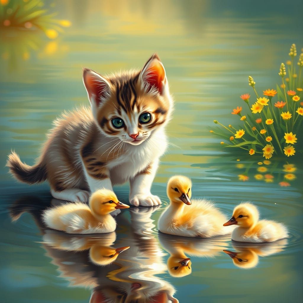 Adorable Muscular Kitten Observes Ducklings in Serene Lake S...