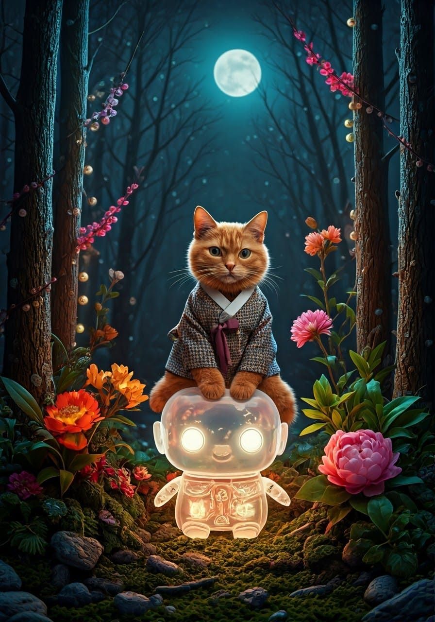 Whimsical Curly Red Cat in Hanbok, Surrounded by Vibrant Win...