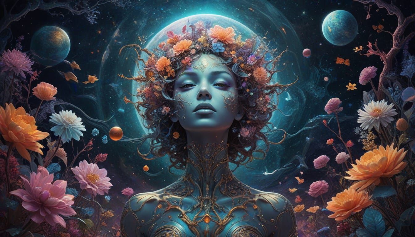 Holographic Cosmic Spring Illustration in Mixed Media