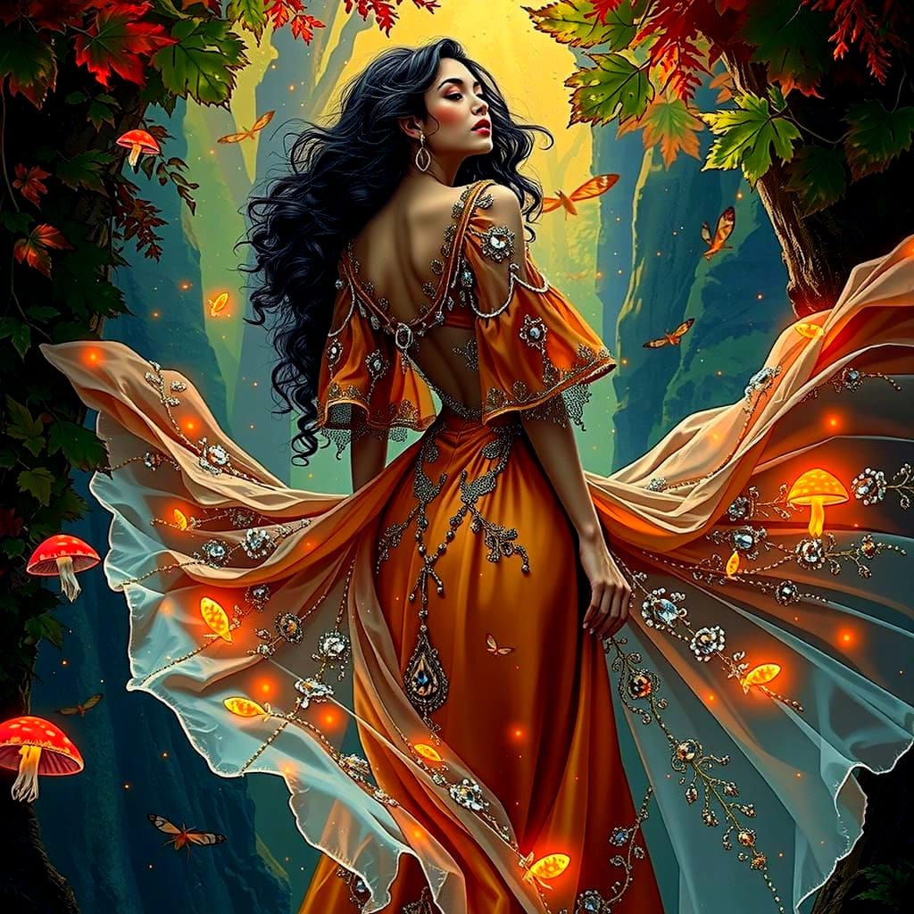 Ethereal Woman in Bioluminescent Forest Illustration