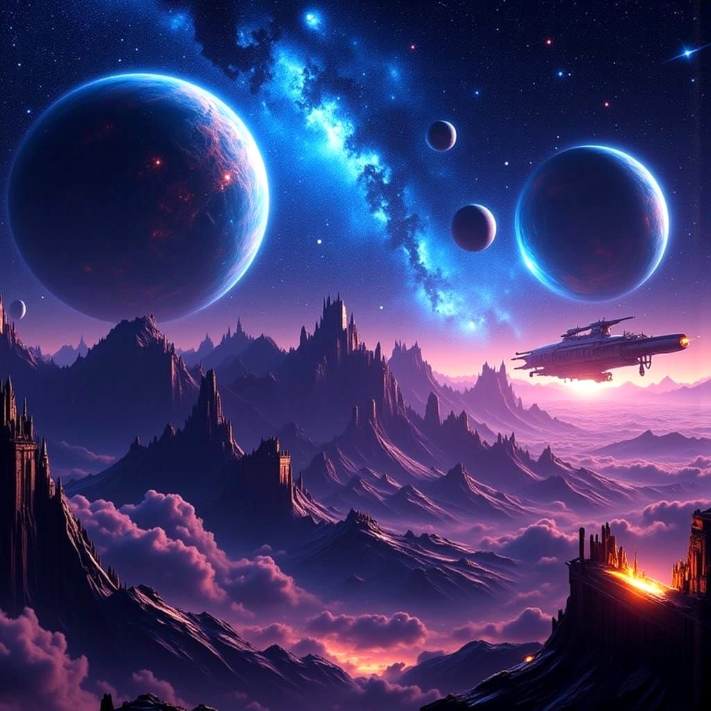 Rocket Ship Circling Saturn in Starry Sky